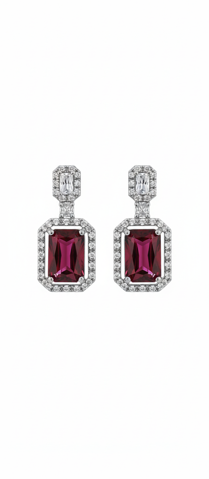 Red Rectangle Pendant AD Necklace Set – Silver Plated