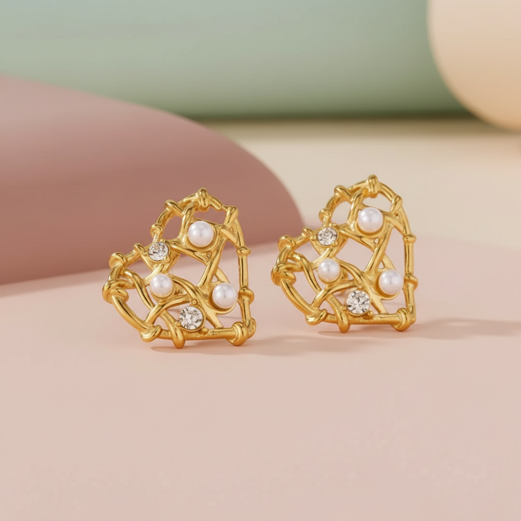 Gold-Plated Heart CZ Earrings | Stainless Steel Romantic Jewelry