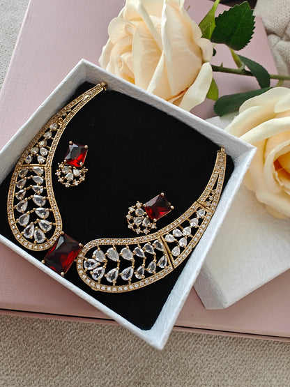 Red Stone Wing Statement Necklace Set with AD Stones in Golden Polish for Women