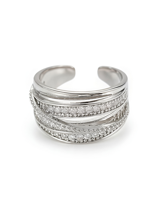 Silver Plated Multilayer Open Ring Set with Cubic Zirconia | Everyday Wear Rings