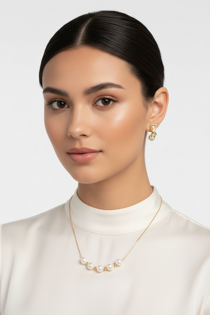 Gold Plated Set in Stainless Steel - Golden Thread Pearl Necklace & Twirled Pearl Hoop