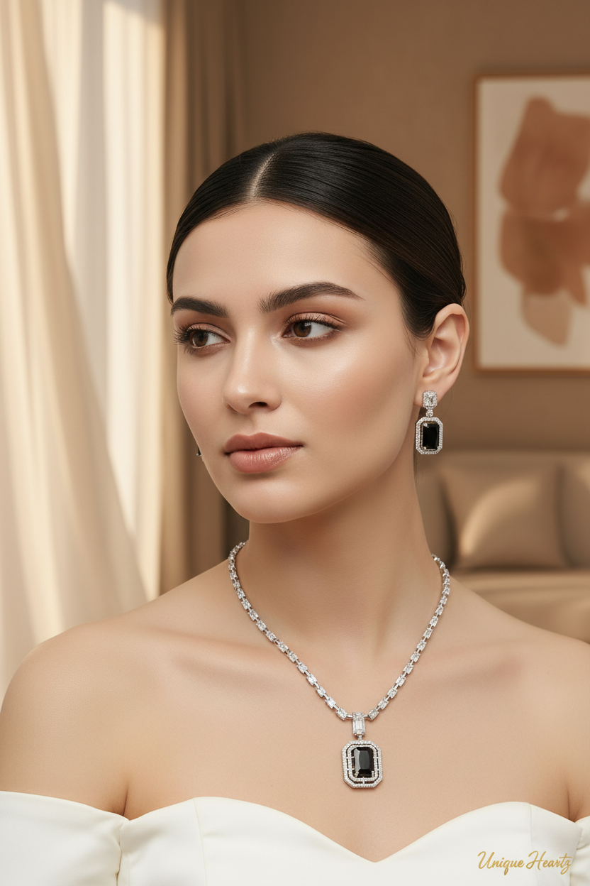 Square Pendant AD Necklace Set with Earrings in Blue