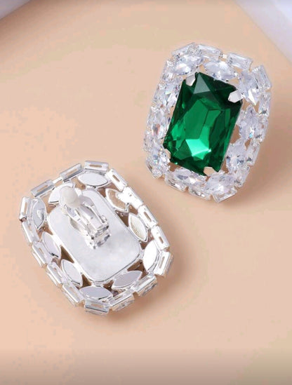 💚Clip-on Emerald Stud - Silver Geometric Crystal Clip-On Earrings
