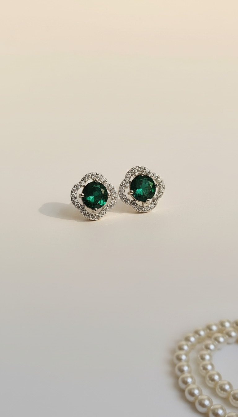 Silver Plated Pearl Necklace Set with Emerald Green Stud Earrings for Women