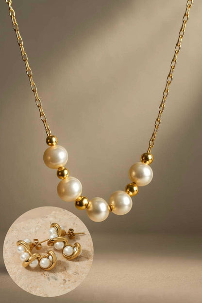 Golden Thread Pearl Necklace & Twirled Pearl Hoop Set