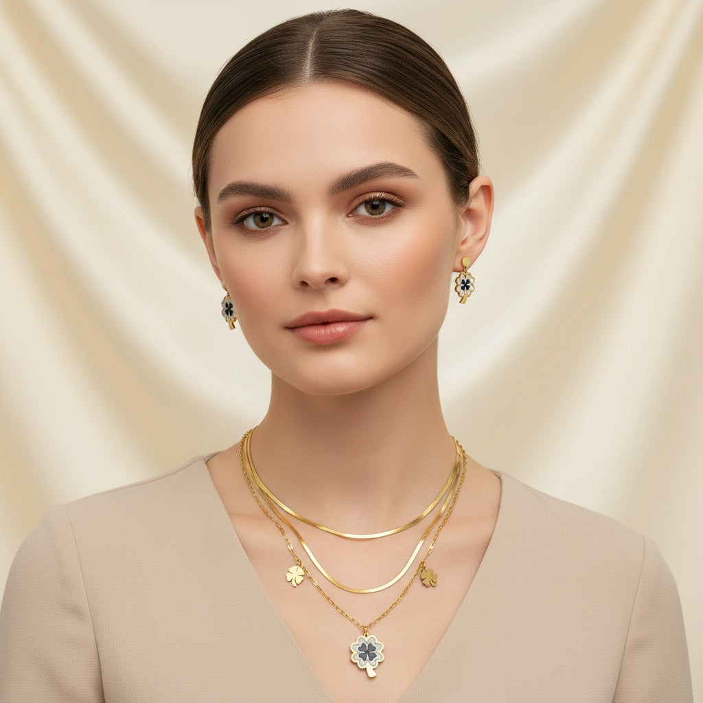 Lou – Blu Black Shell Four-Leaf Clover Jewelry Set | Titanium Stainless Steel with 18K Gold Plating