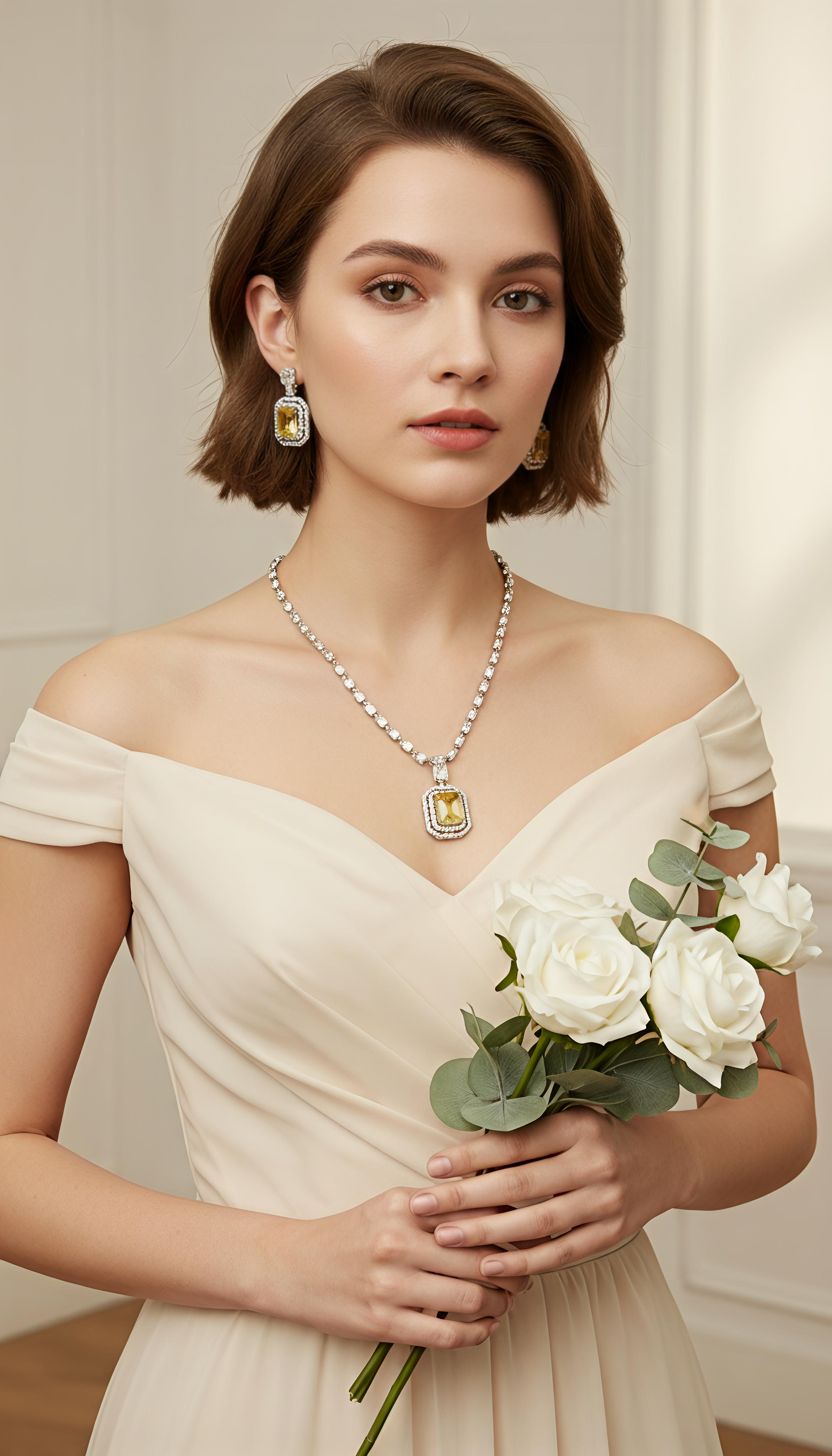 Rectangle Pendant AD Necklace Set – Silver Plated in Yellow