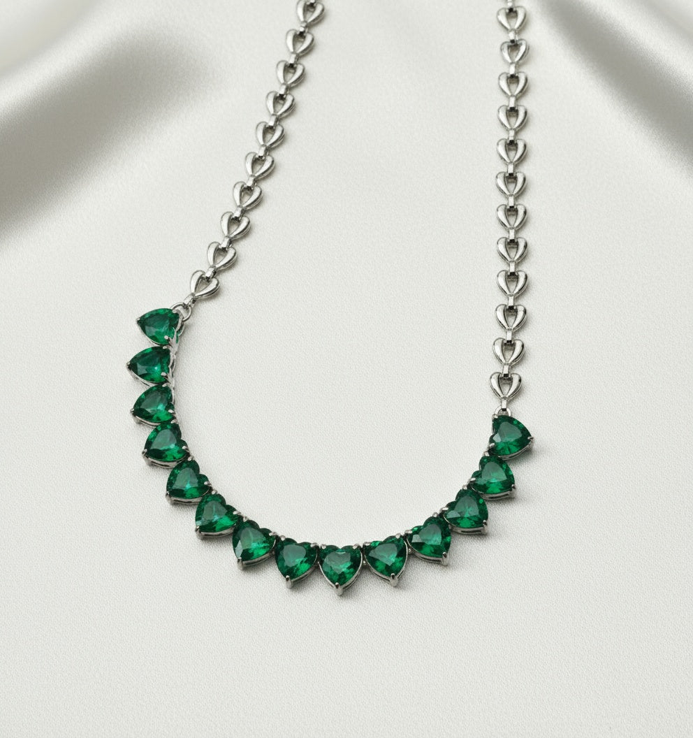 High-Quality Heart Love Chain Necklace – 316L Stainless Steel with Coloured Zircon: Heart to Heart Necklace – Green