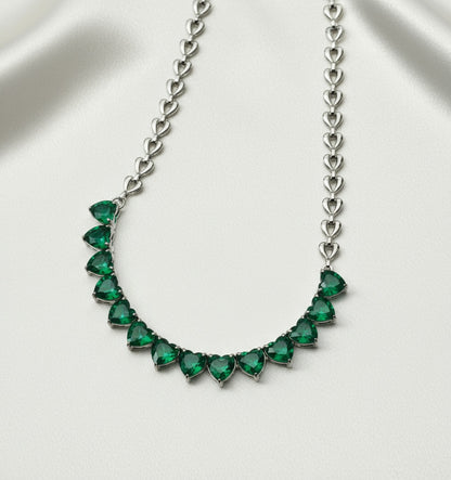 High-Quality Heart Love Chain Necklace – 316L Stainless Steel with Coloured Zircon: Heart to Heart Necklace – Green