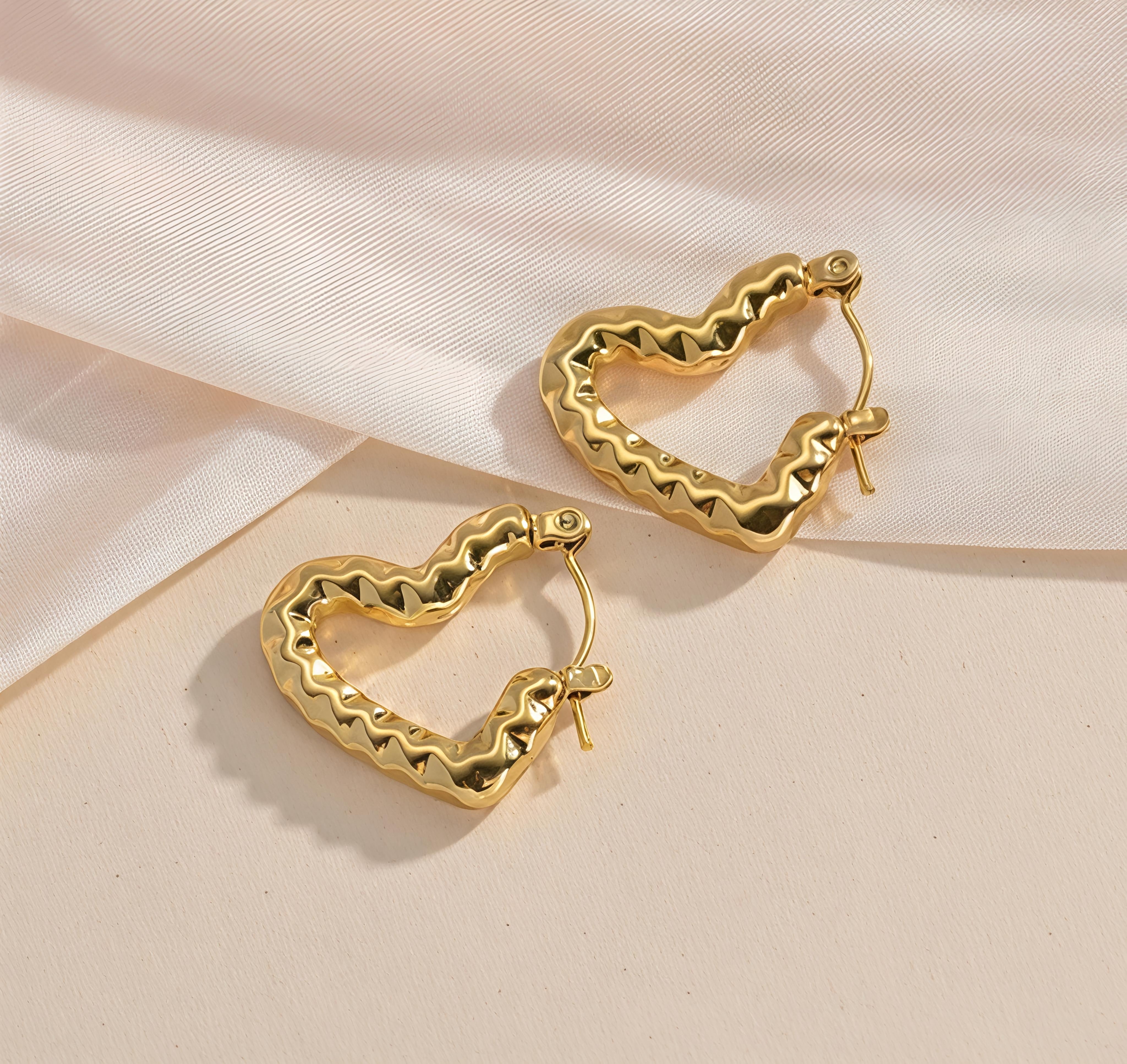 Gold Pleated Stainless Steel Fashion Jewelry |Heart Hoops