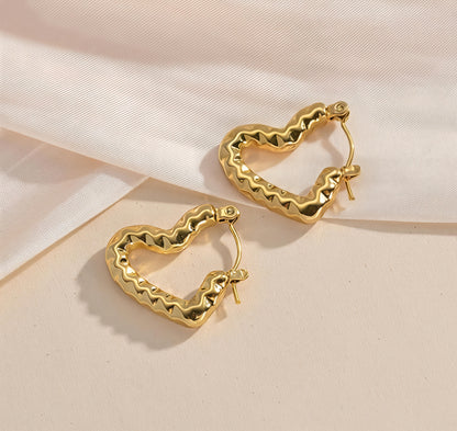 Gold Pleated Stainless Steel Fashion Jewelry |Heart Hoops
