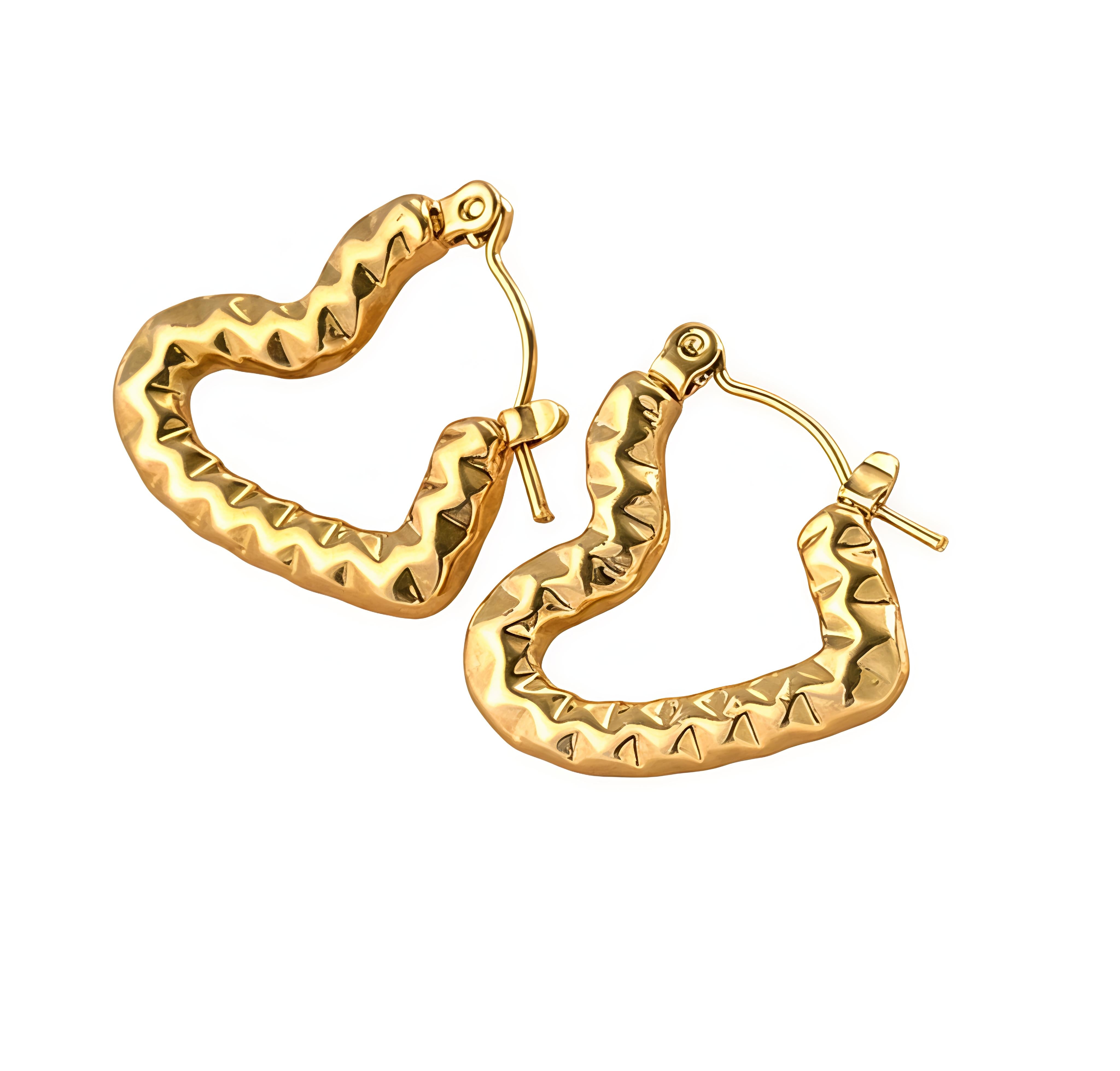 Gold Pleated Stainless Steel Fashion Jewelry |Heart Hoops