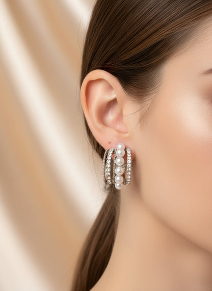 Cassee Hoop -Sterling Silver Pearl Decor Hoop Earrings with Cubic Zirconia