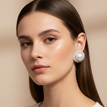 Pearl Showbiz Earrings - Elegant Pearl & Rhinestone Stud Earrings in Zinc Alloy 925 Silver