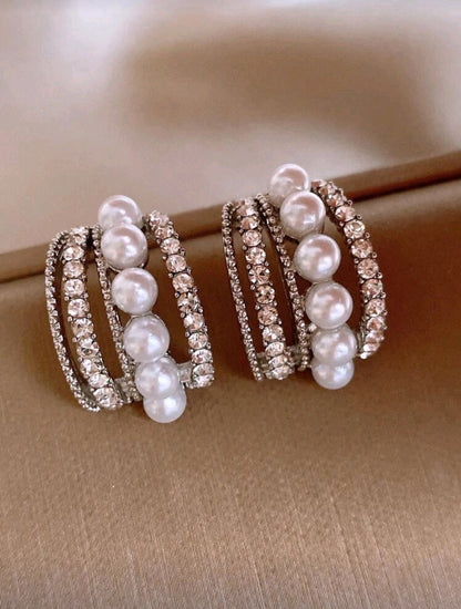 Cassee Hoop -Sterling Silver Pearl Decor Hoop Earrings with Cubic Zirconia