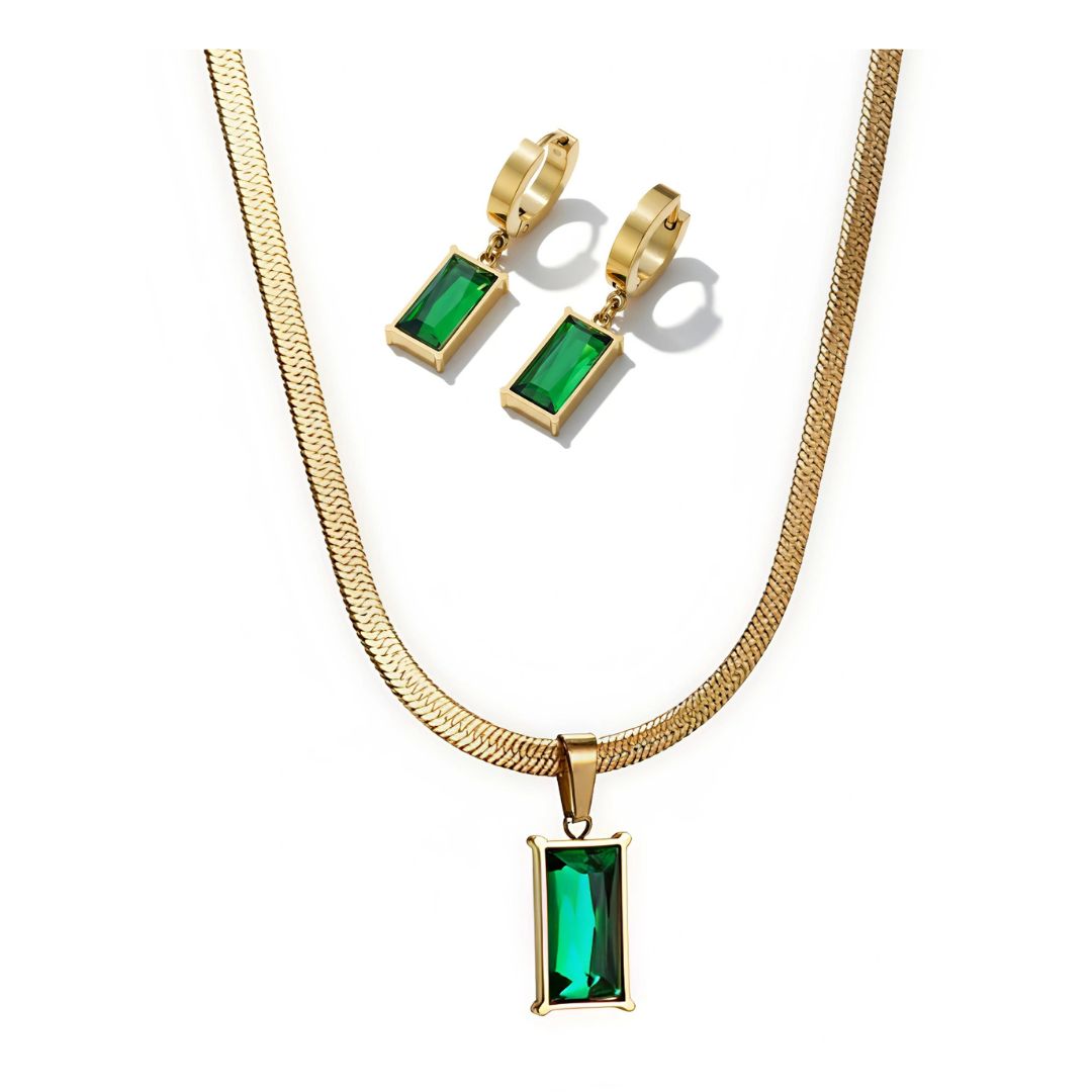 Gold-Plated Stainless Steel Chain with Emerald Pendant & Delicate Emerald Drop Hoop Earrings| Emerald Luxe Pendant & Drop Hoop Set