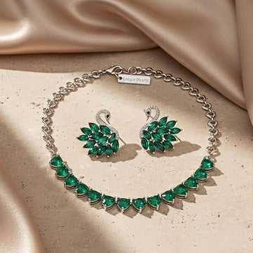316L Stainless Steel - Silver Plated Green Zirconia Heart Necklace with Multi-Emerald Zirconia Swan Studs