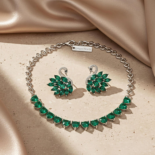 316L Stainless Steel - Silver Plated Green Zirconia Heart Necklace with Multi-Emerald Zirconia Swan Studs
