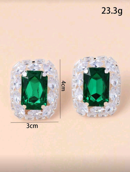 💚Clip-on Emerald Stud - Silver Geometric Crystal Clip-On Earrings