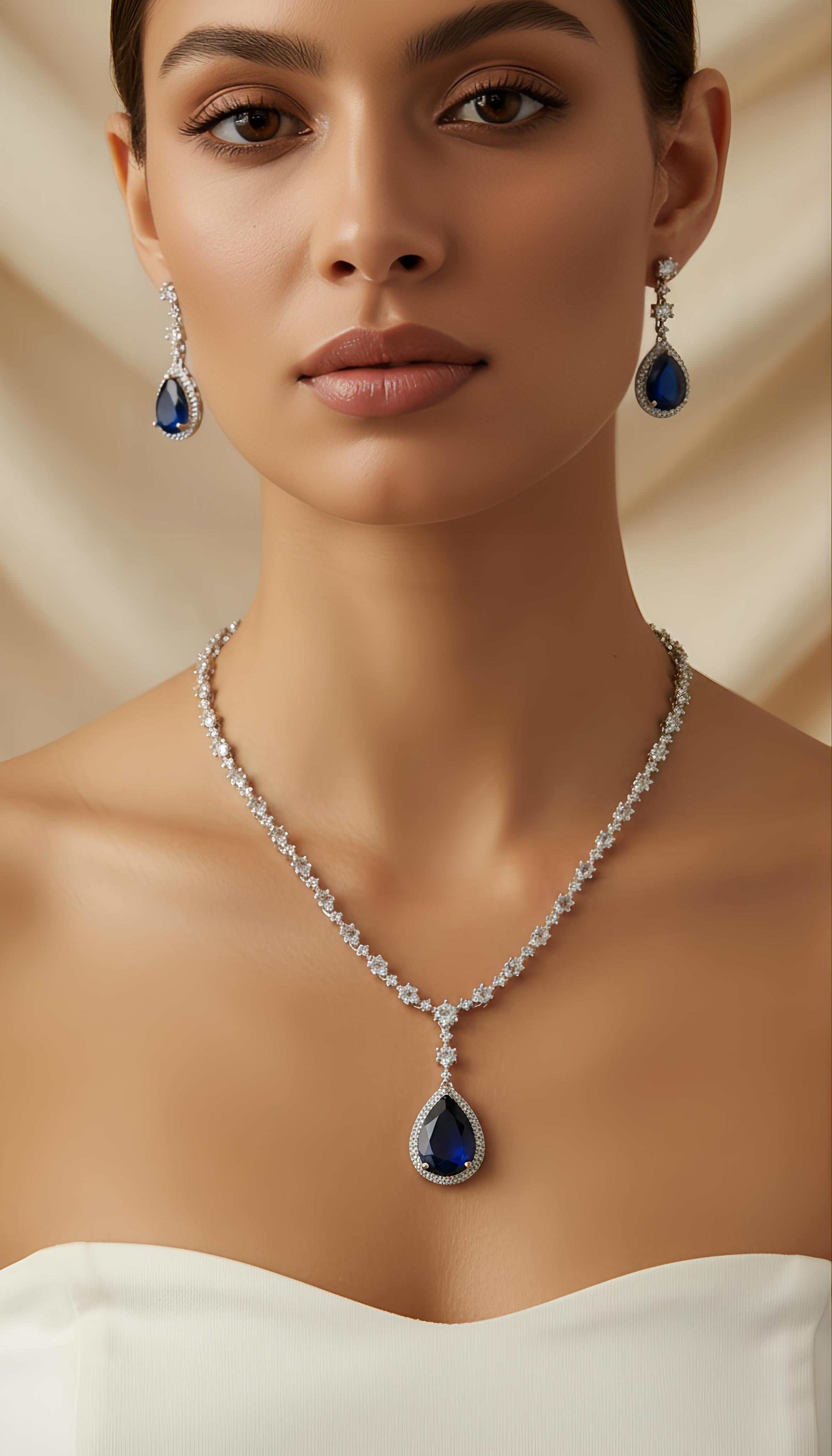 Elegant Sapphire Necklace and Earrings Set with AD Stones in Brass for Women