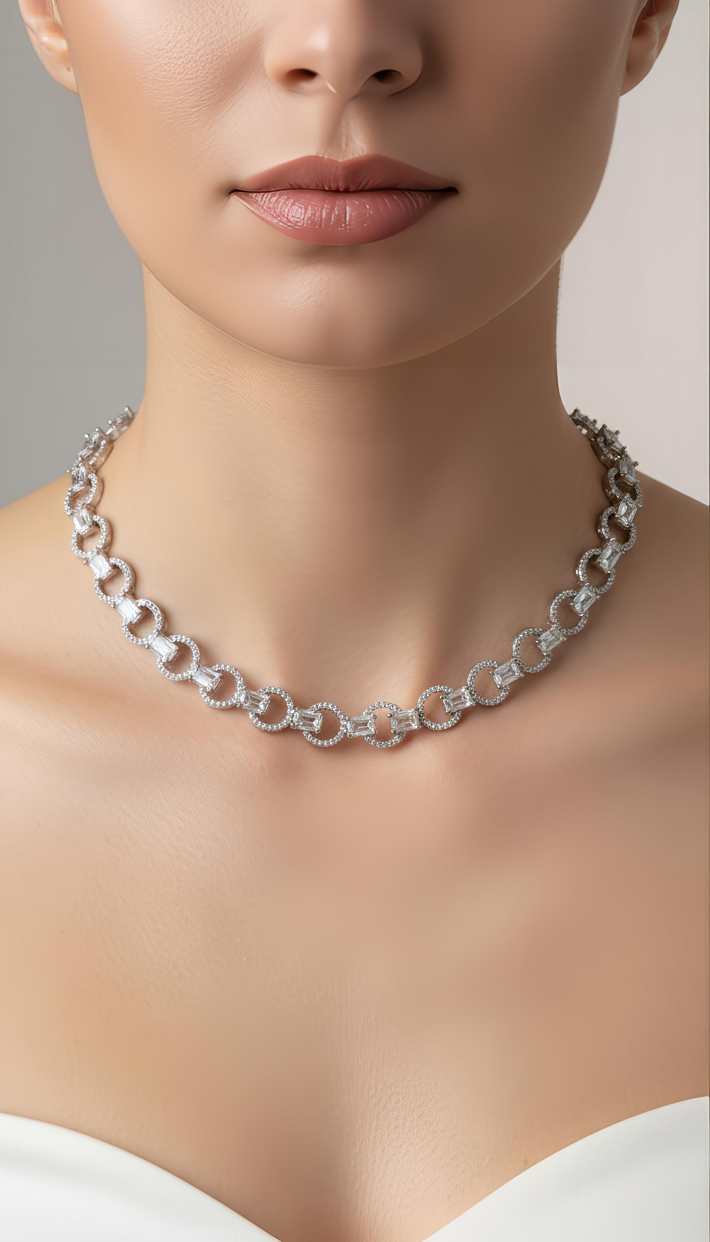 White Stone Classic Necklace with AD Stones in Silver Polish for Women