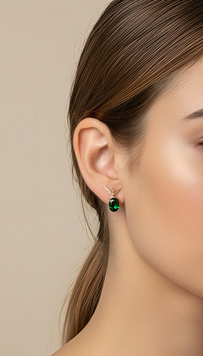 Emerald Angel Stud Earrings | Stainless Steel with Gold Plating