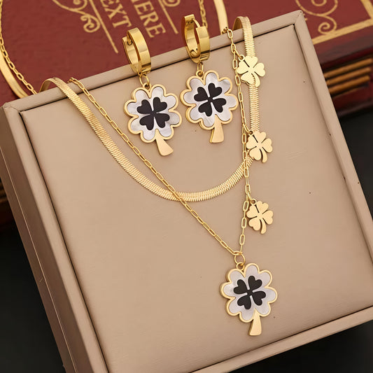 18K Gold Plating |Titanium Stainless Steel| Four-Leaf Clover Jewelry Set with Black Shell