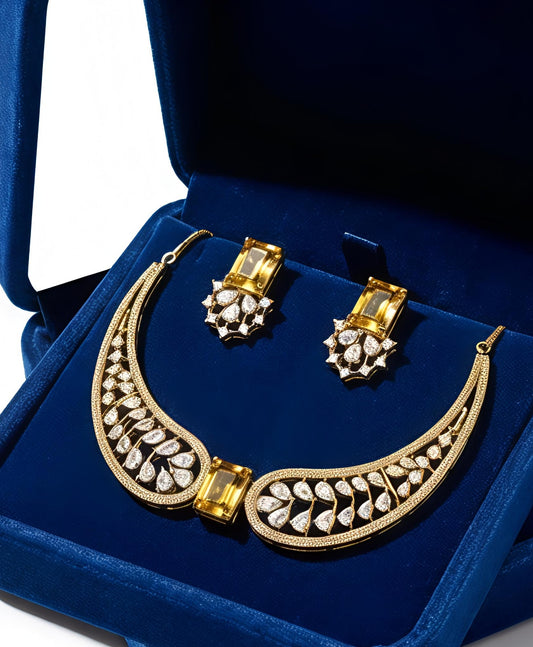 Yellow Stone AD Wing Necklace Set with Earrings | Gold Polish Jewelry for Women