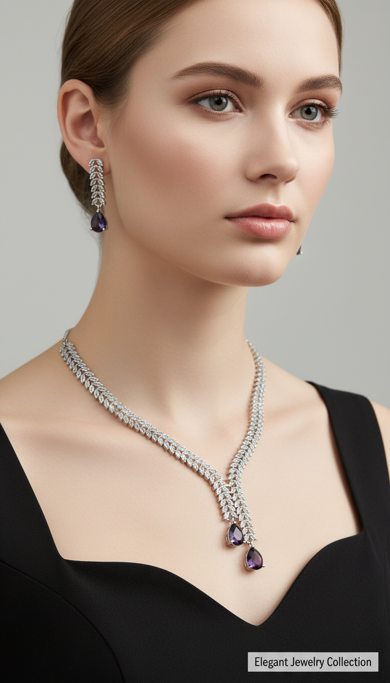 V-Neck AD Stone Necklace Set for Women | Elegant Silver Finish Jewelry in Lavender