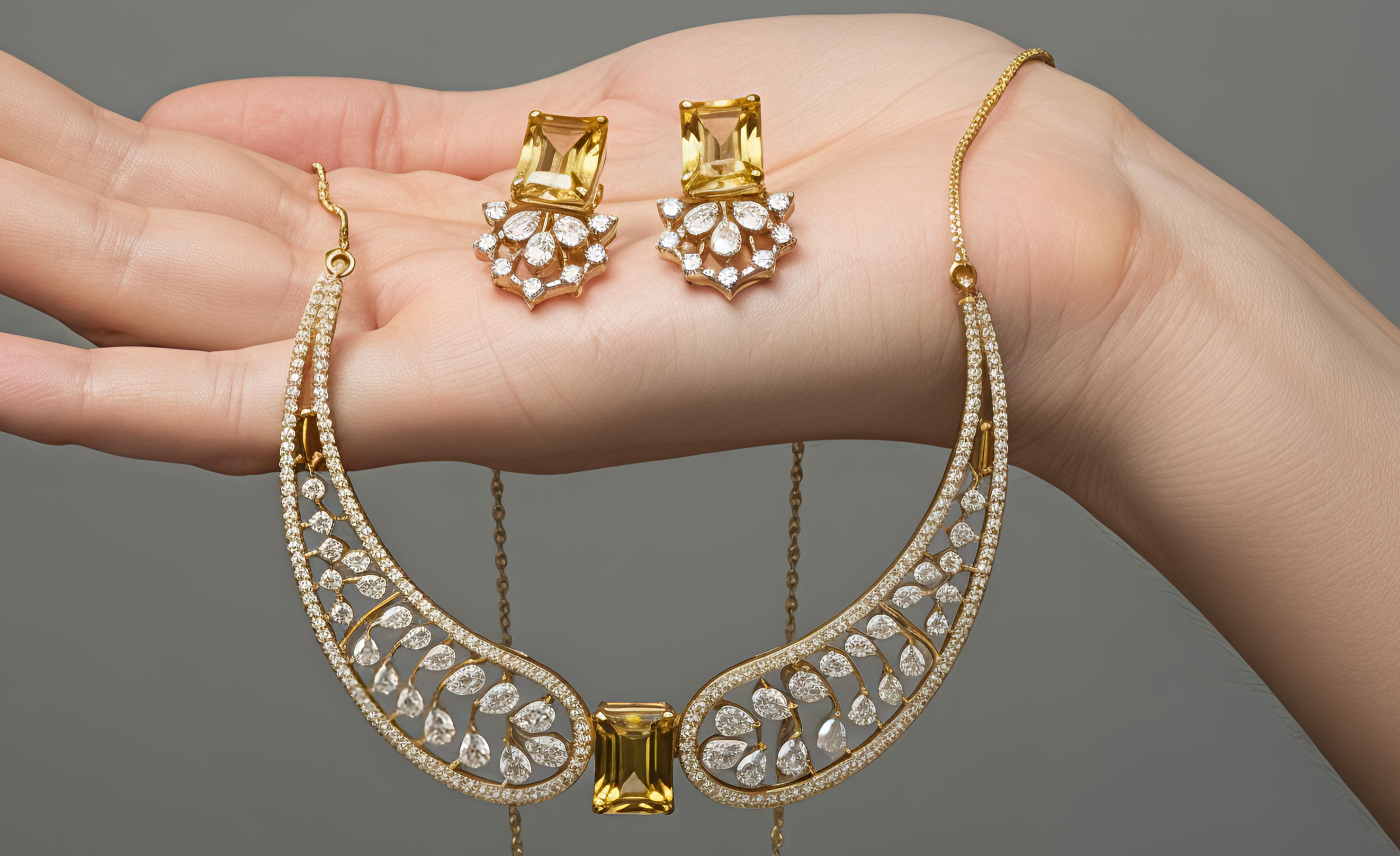 Yellow Stone AD Wing Necklace Set with Earrings | Gold Polish Jewelry for Women