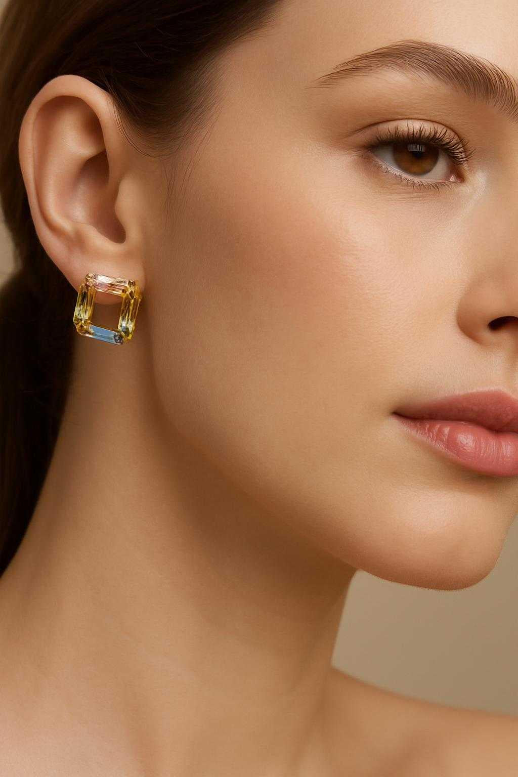 Multitone Square Studs - 18K Gold Plated Fashion Multi Color Stone Huggies Earring Jewlery