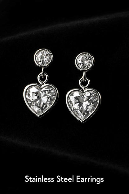 Delicate Silver-Plated Stainless Steel Necklace & Earrings Set with Zirconia Hearts