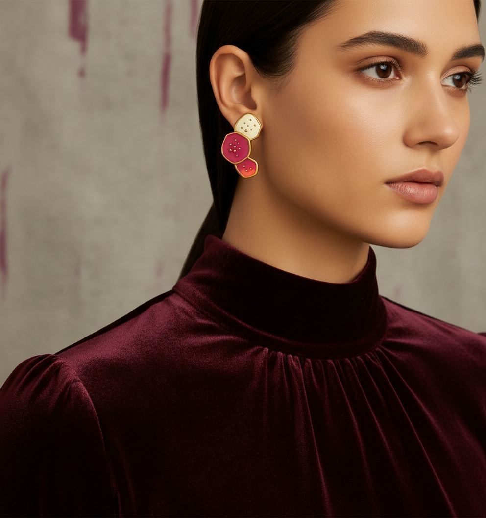 Gold Pleated in Stainless Steel Earrings - Sunset Whispers: Hand-Painted Pink & Orange Statement Earrings