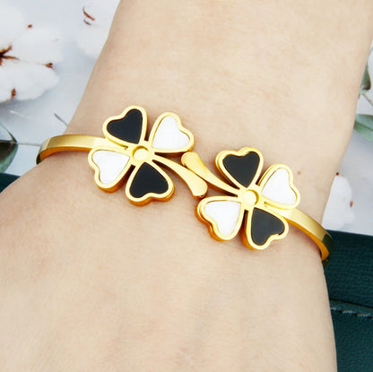 Black n White Four-Leaf Clover Gold-Plated Stainless-Steel Bangle