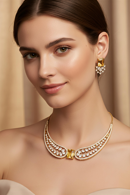 Yellow Stone AD Wing Necklace Set with Earrings | Gold Polish Jewelry for Women