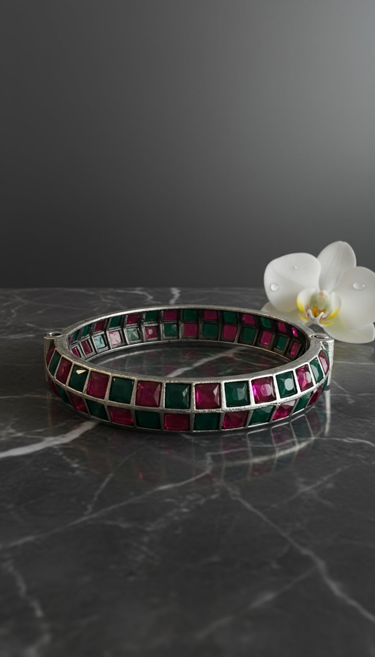 Meher Royalty Oxidized Silver Bangle – Boho Chic Meets Regal Grace