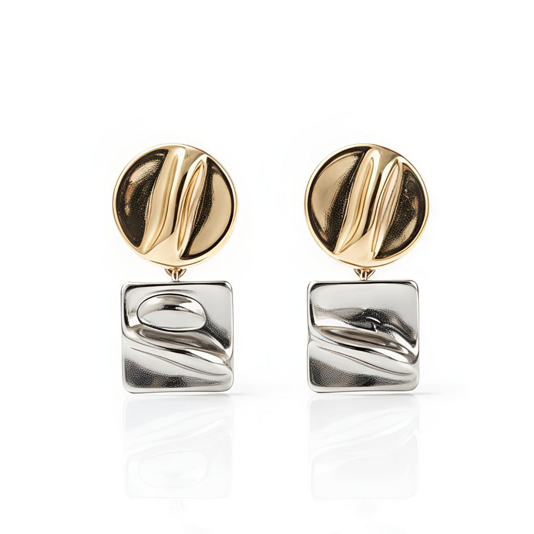 Dual Dangle Silver & Gold Earrings | Stainless Steel Geometric Duo