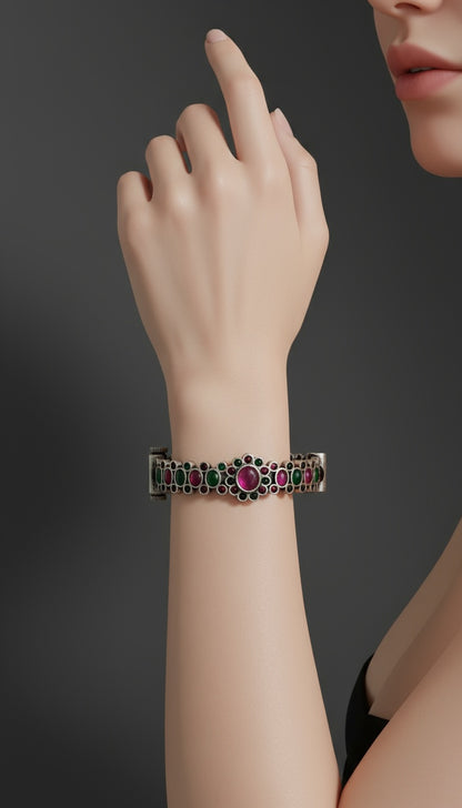 Grace Antique Oxidized Silver Bangle – Green & Pink Accents with Screw Clamp