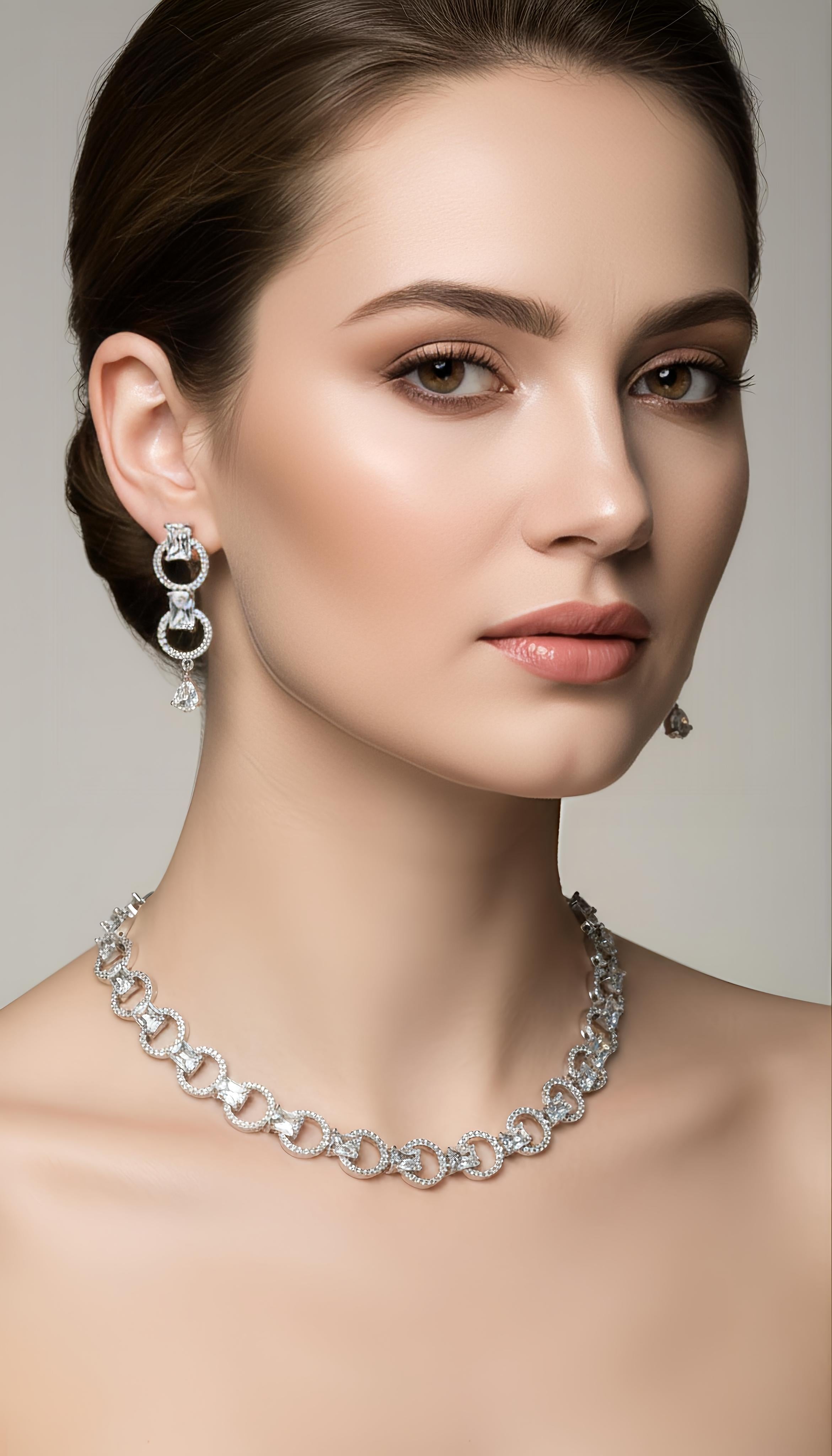 White Stone Classic Necklace with AD Stones in Silver Polish for Women