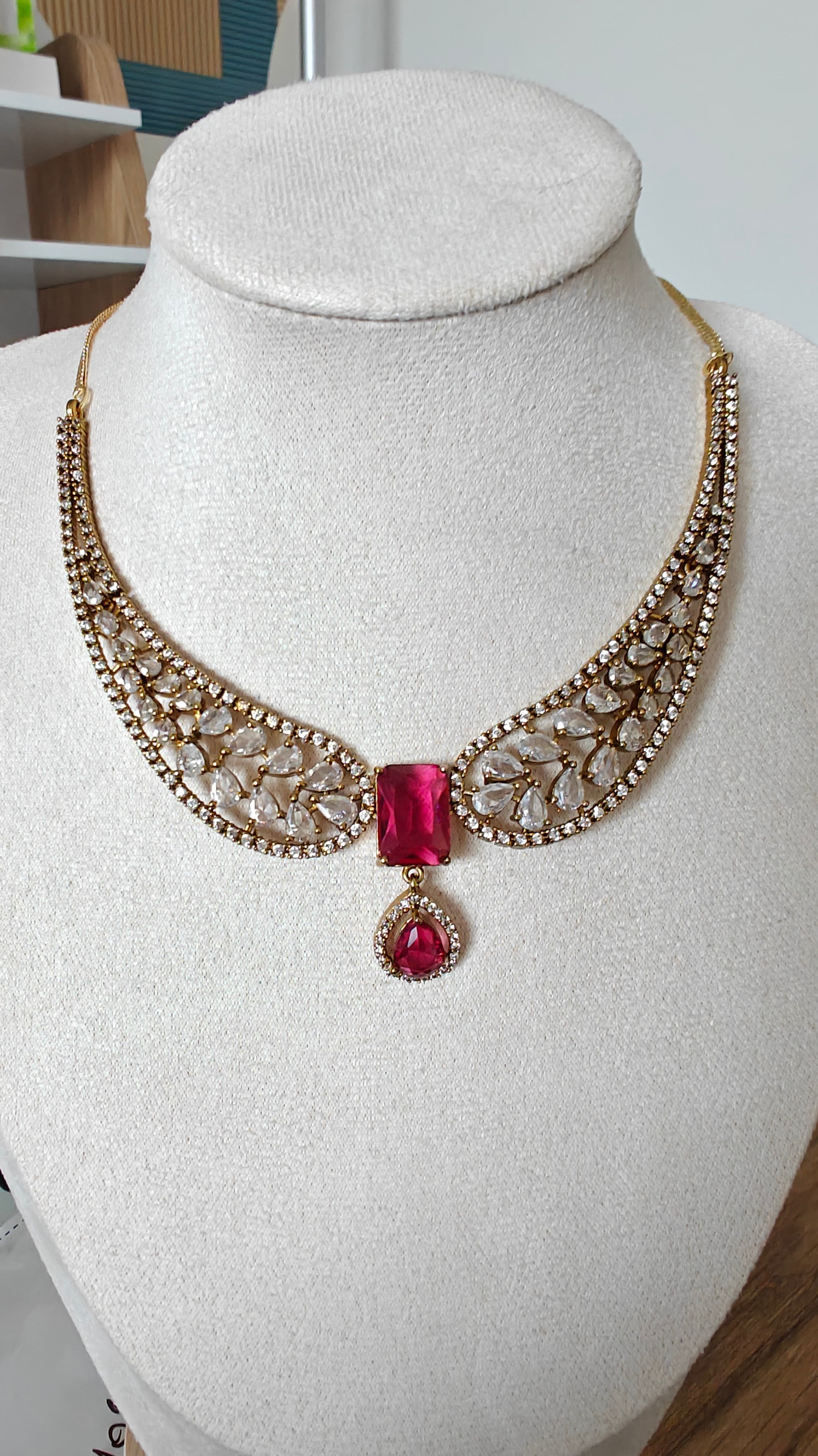 Red Stone Wing Statement Necklace with AD Stones in Golden Polish for Women