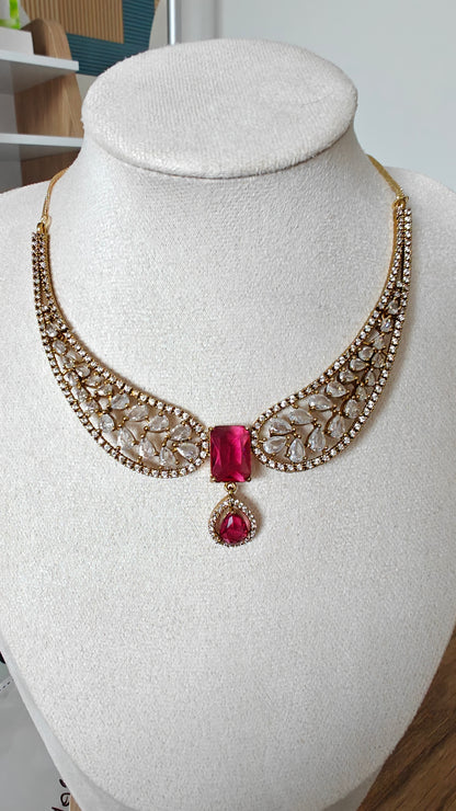 Red Stone Wing Statement Necklace with AD Stones in Golden Polish for Women