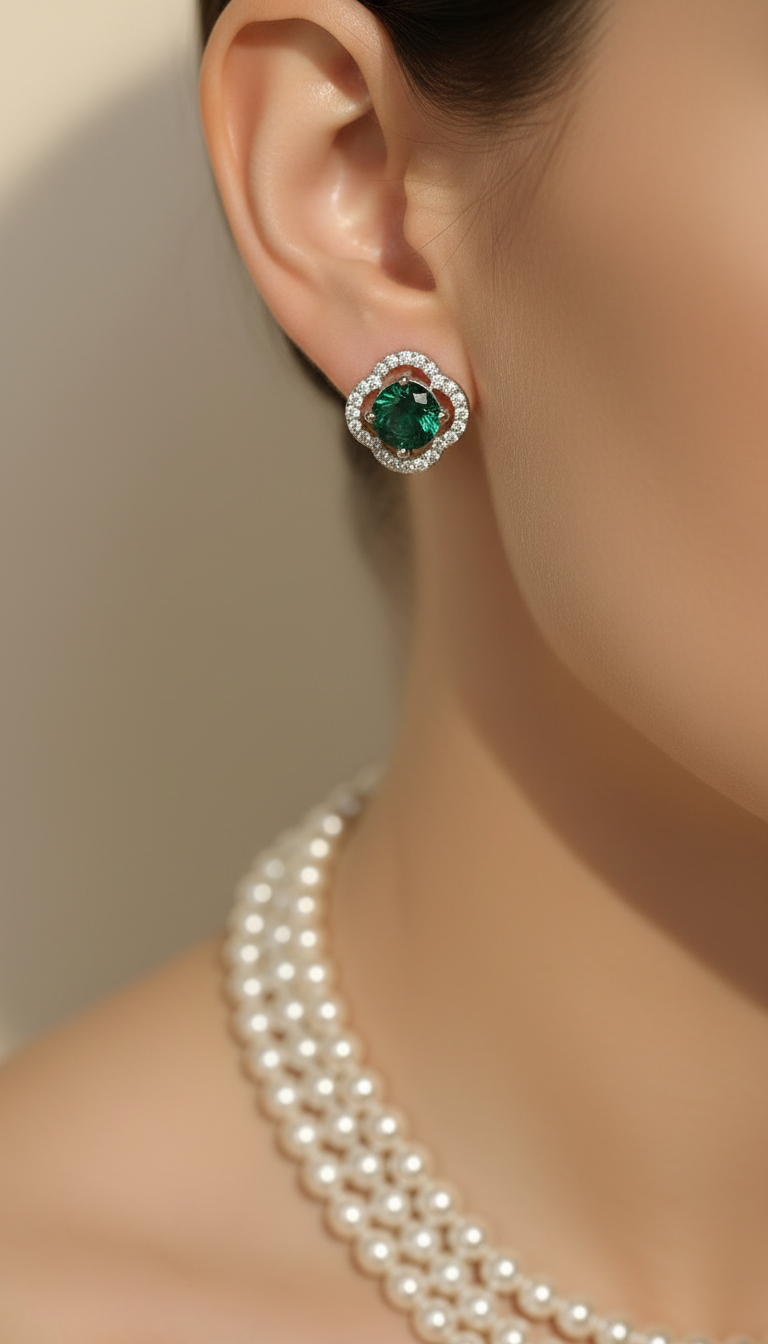 Silver Plated Pearl Necklace Set with Emerald Green Stud Earrings for Women