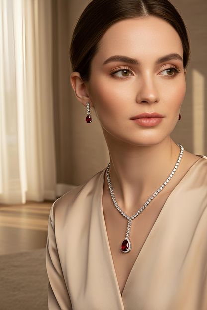 V-Neck AD Stone Necklace Set for Women | Elegant Silver Finish Jewelry - Red