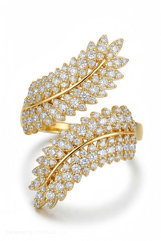 18K Gold Plated Open Feather Zirconia Ring in Copper - Adjustable
