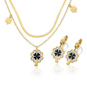 18K Gold Plating |Titanium Stainless Steel| Four-Leaf Clover Jewelry Set with Black Shell