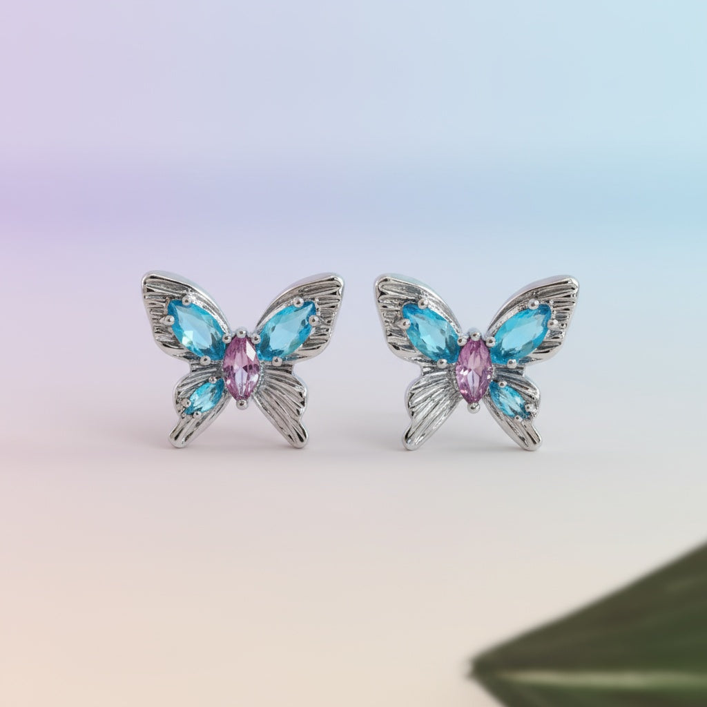 Azure Wing Butterfly Stud Earrings – Delicately fluttering with sparkling stones, bring a fresh, dreamy touch that makes you feel light and radiant.