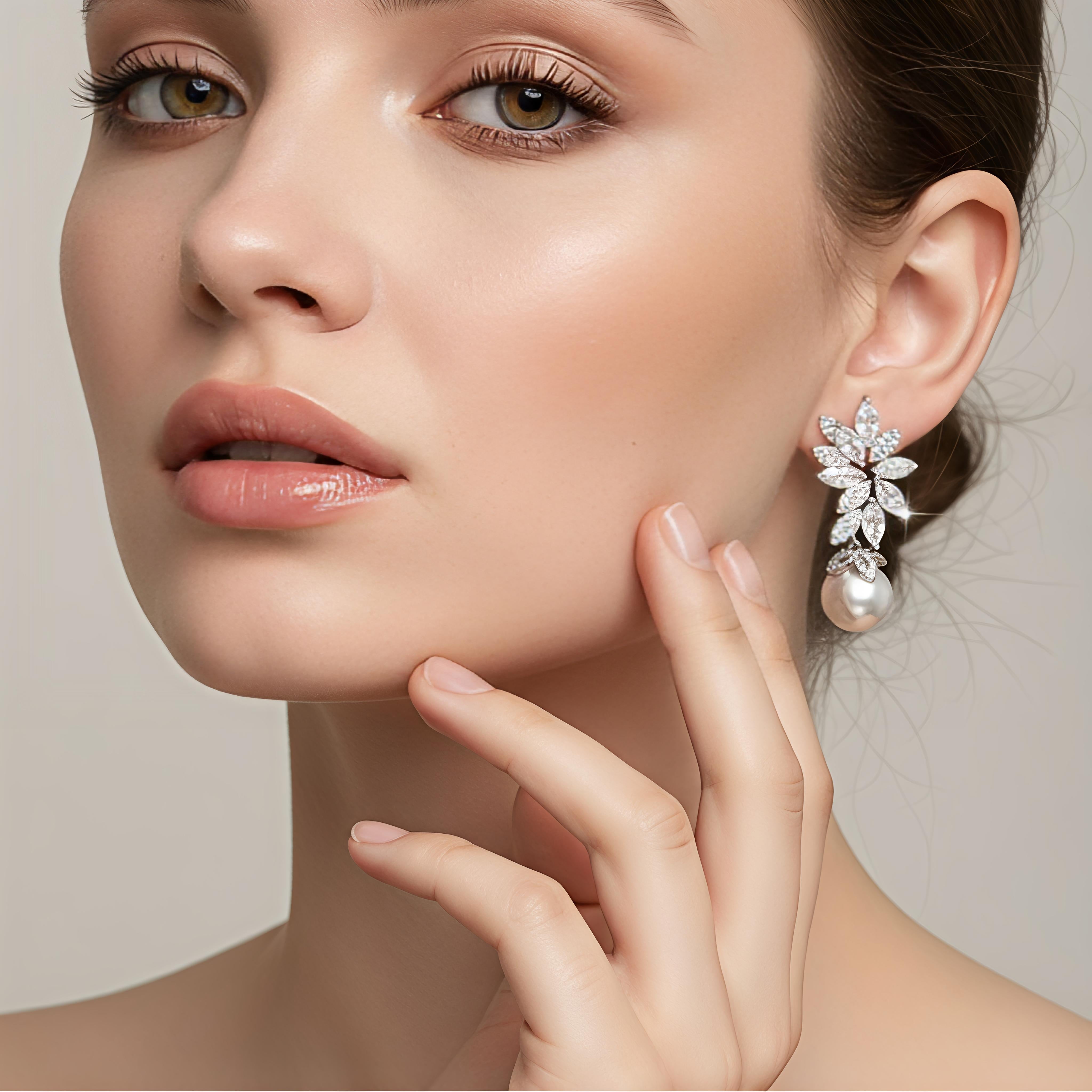 Elegant Big Cubic Zirconia Shell & Faux Pearl Flower Dangle Earrings (Silver Plated)