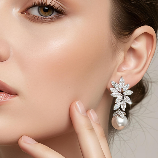 Elegant Big Cubic Zirconia Shell & Faux Pearl Flower Dangle Earrings (Silver Plated)