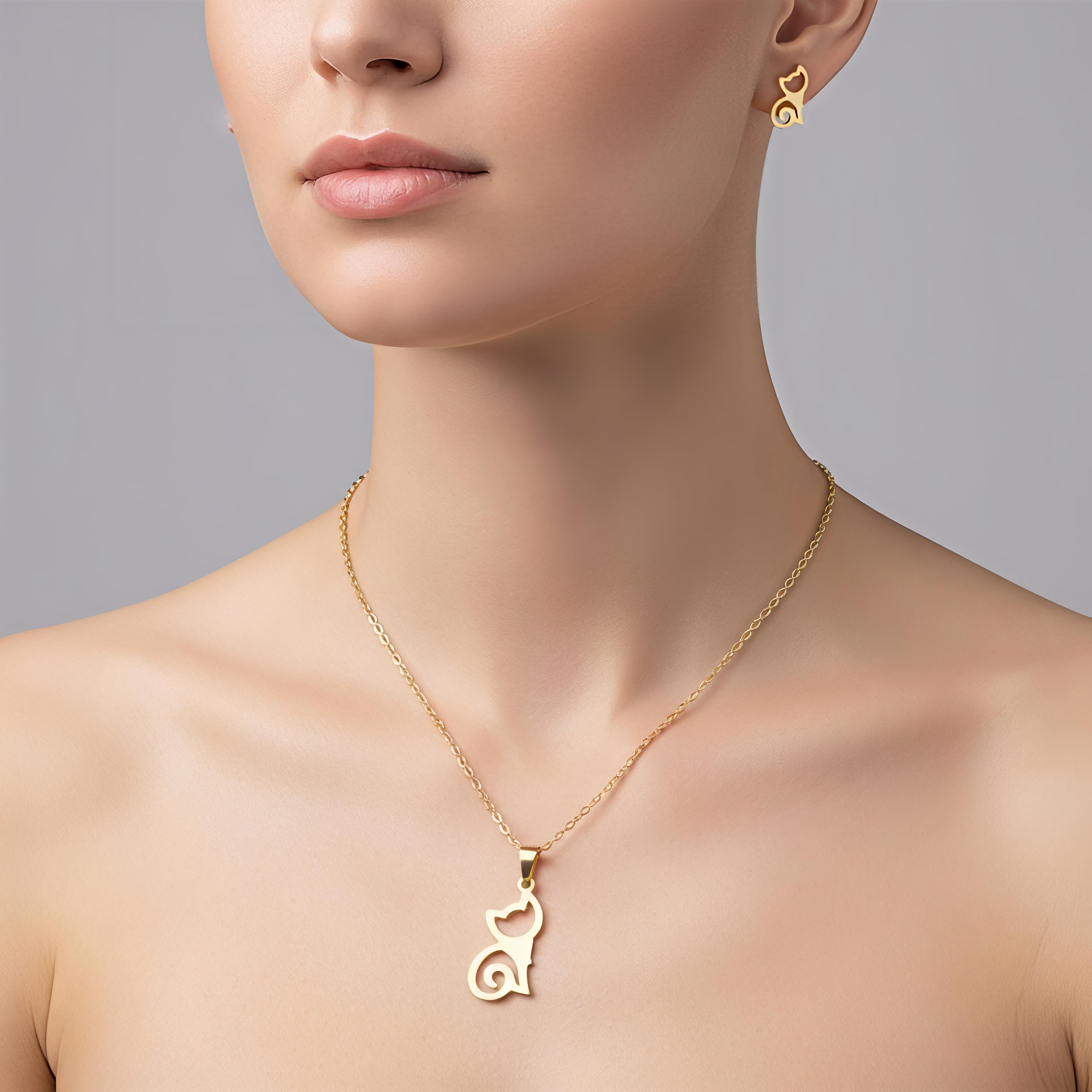 18K PVD Gold Plated Stainless Steel Non-Tarnish, Waterproof -Luxury Cat Silhouette Jewelry Set
