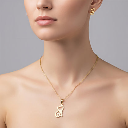 18K PVD Gold Plated Stainless Steel Non-Tarnish, Waterproof -Luxury Cat Silhouette Jewelry Set